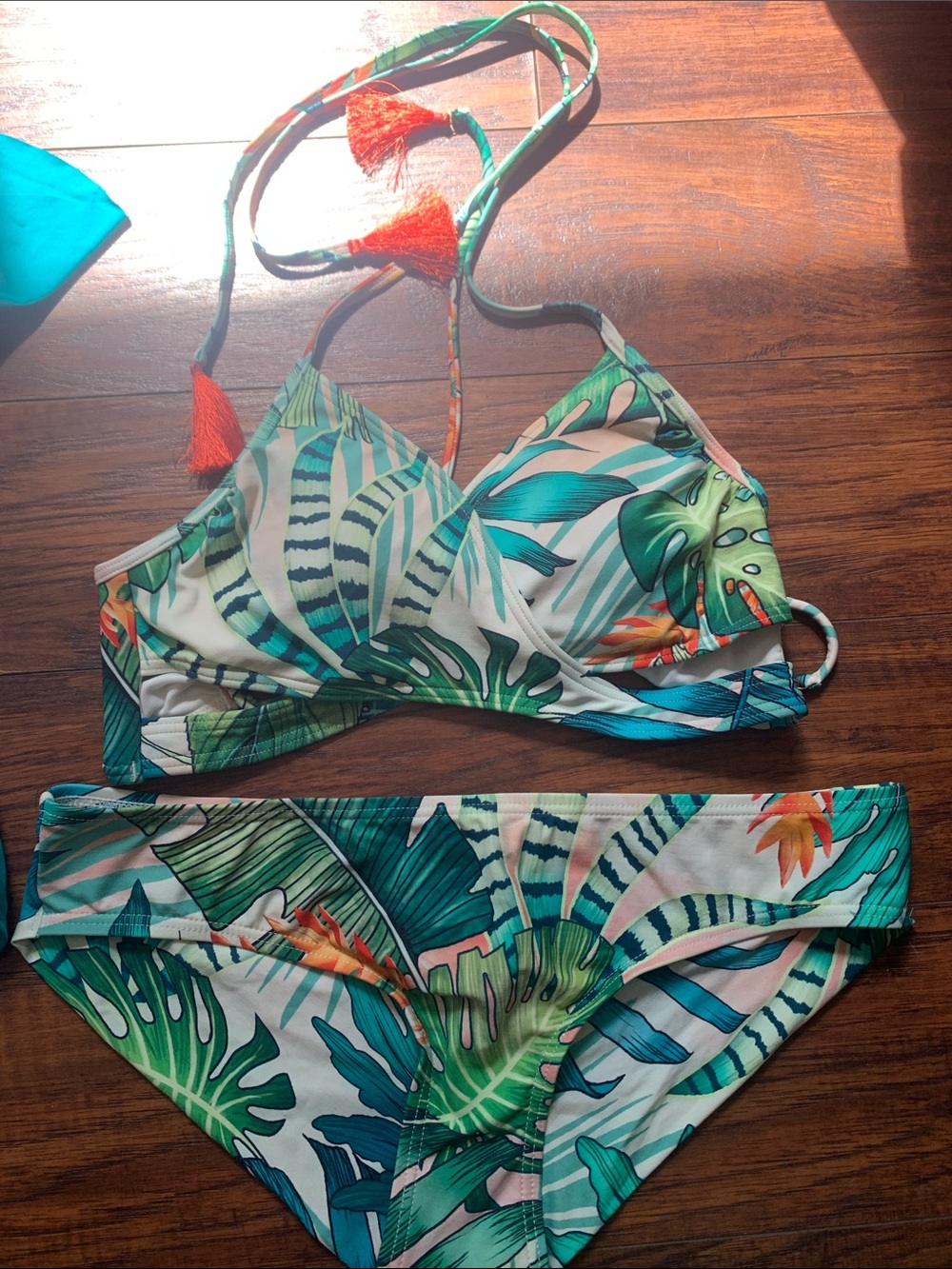 Two bikinis- Teal Bandeau Bikini Set with Tropical wrap bikini set - Picture 2 of 3